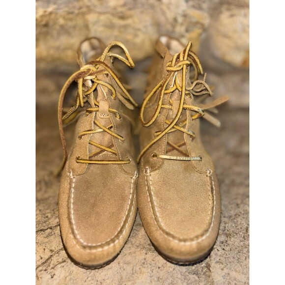 SPERRY Gold Sheen Suede Tiered Studded Fringe Ankle Lace Up Moccasins Shoes 8.5 - Picture 4 of 8